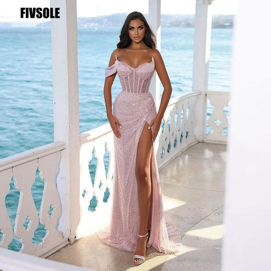 Pink Sequin Evening Dress - Fivsole One Sleeve Mermaid Prom Dress for Women