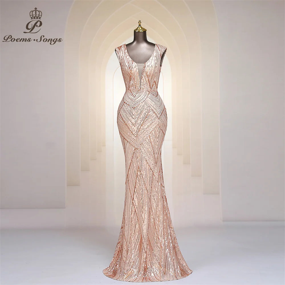 Mermaid Sexy back Sequins Evening Dresses Deep V_Neck Sleeveless For W