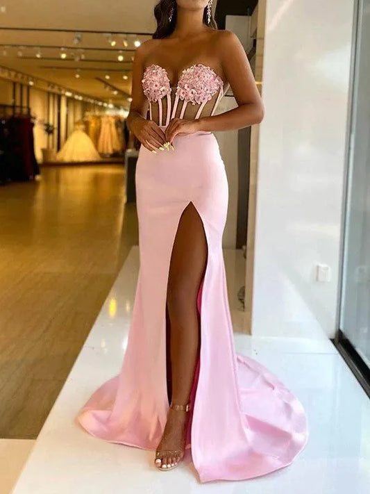 Pink Satin Lace Applique Prom Dress