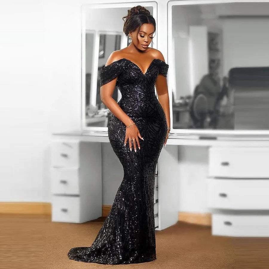 Elegant Sequined Black Prom Dress for African Women: Off the Shoulder 