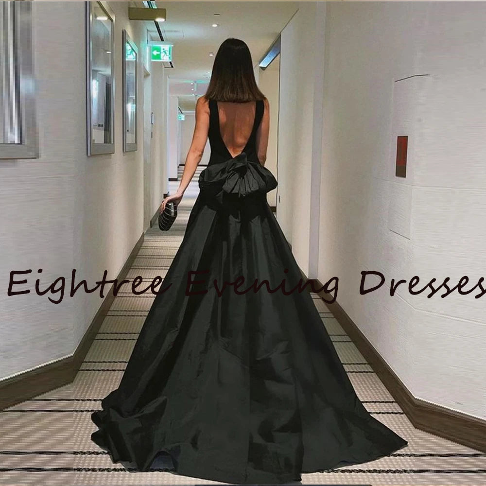 Eightree O Neck Black Backless Bow Prom Dress A Line Sleeveless Long T