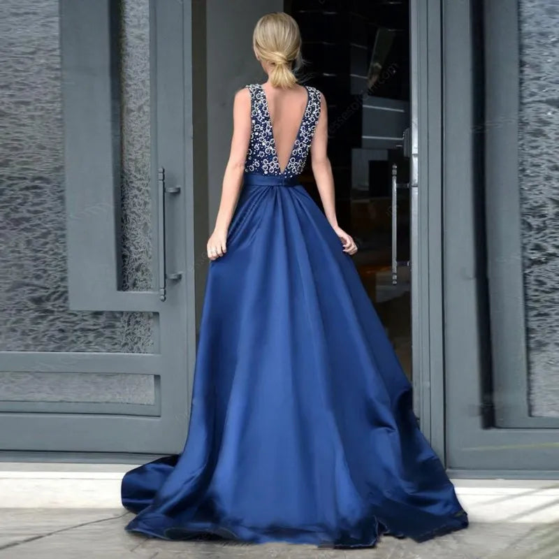 Blue Sequin Crystal Beads Formal Evening Prom Dresses Stain Elegant Floor Length Graduation Party Gowns Sleeveless 2023 Backless