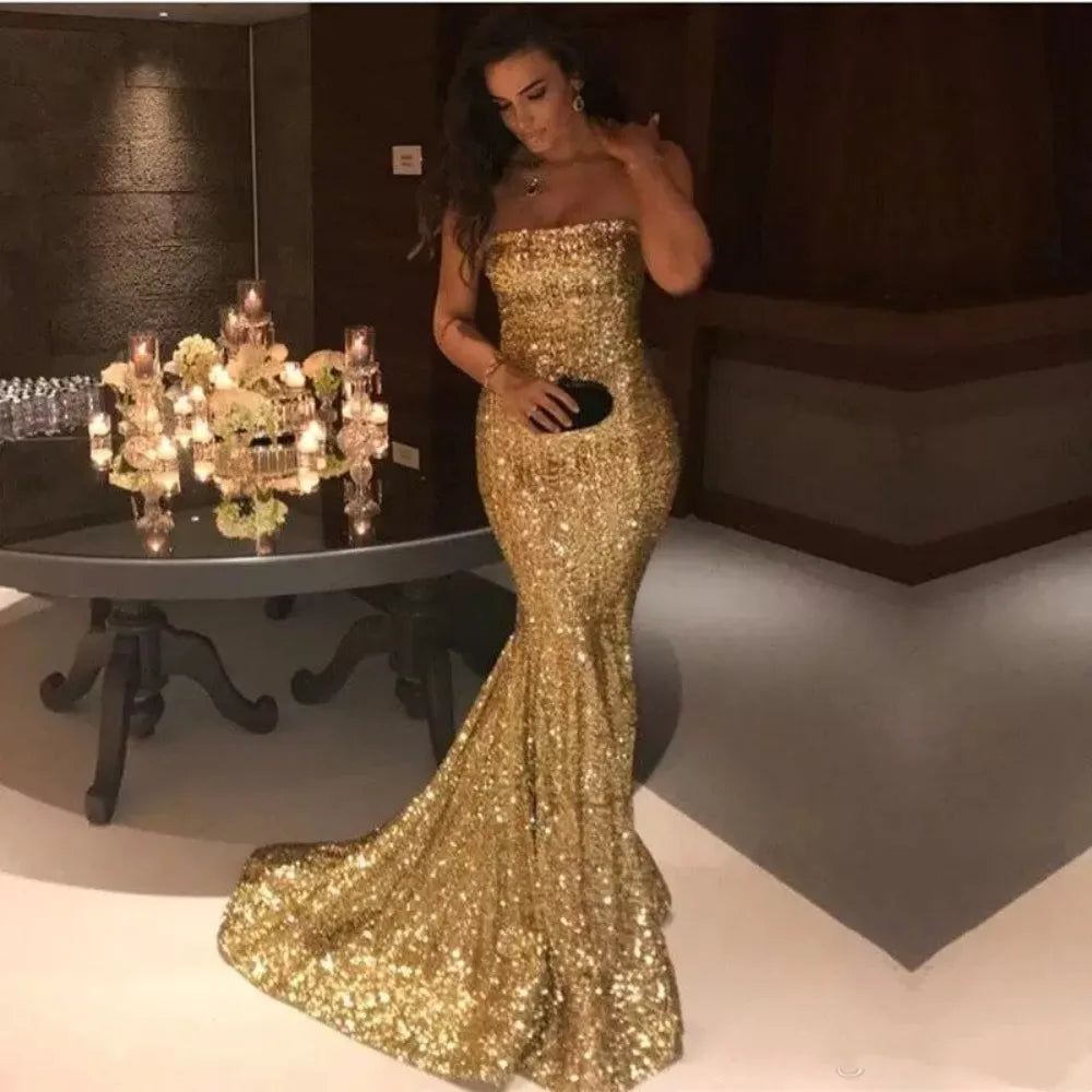 Glitter Gold Silver Mermaid Prom Dress - Celebrity Event Gown