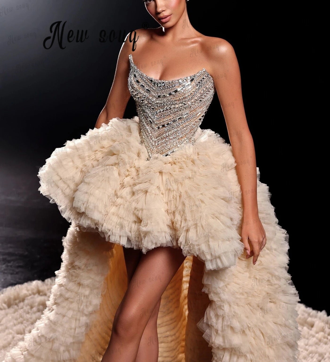 Sparkly Champagne Puffy Prom Dress