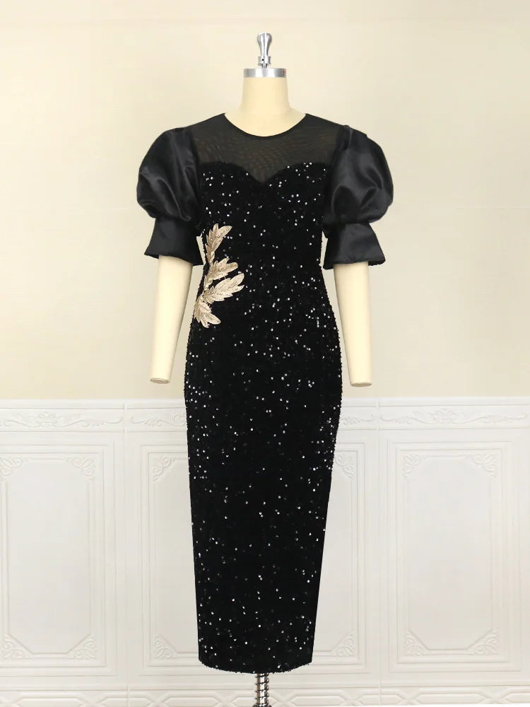 Elegant Sequin Black Dress with Velvet Embroidery and Puff Sleeves for Spring Parties and Special Occasions