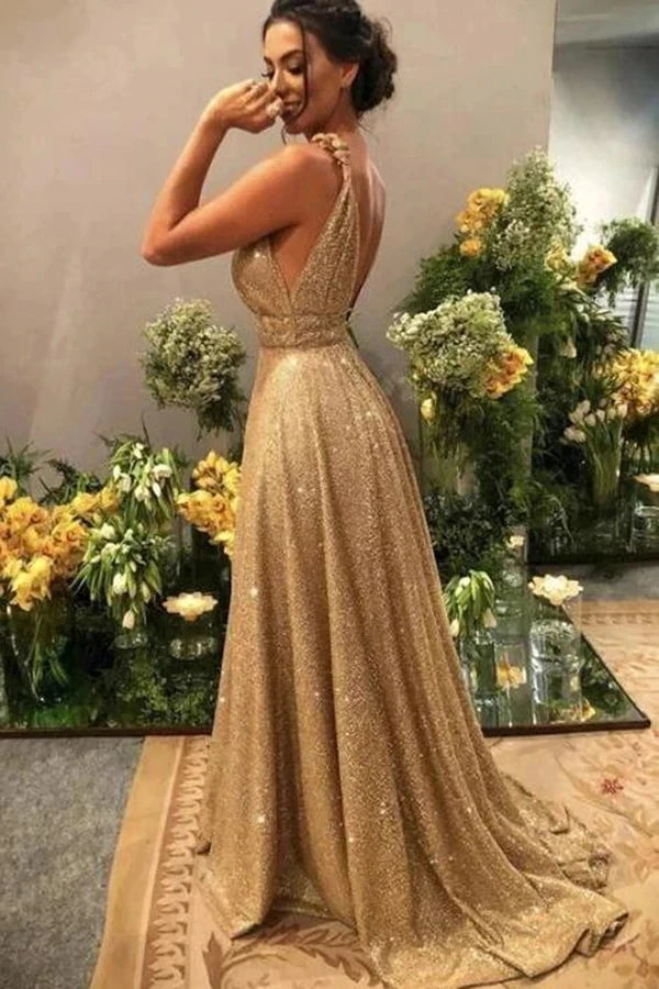 Be the Belle of the Ball in our Luxurious Gold Sequin Prom Dress