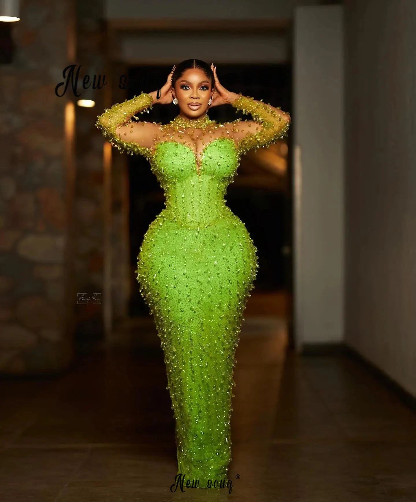 African Green Prom Dress with Crystals