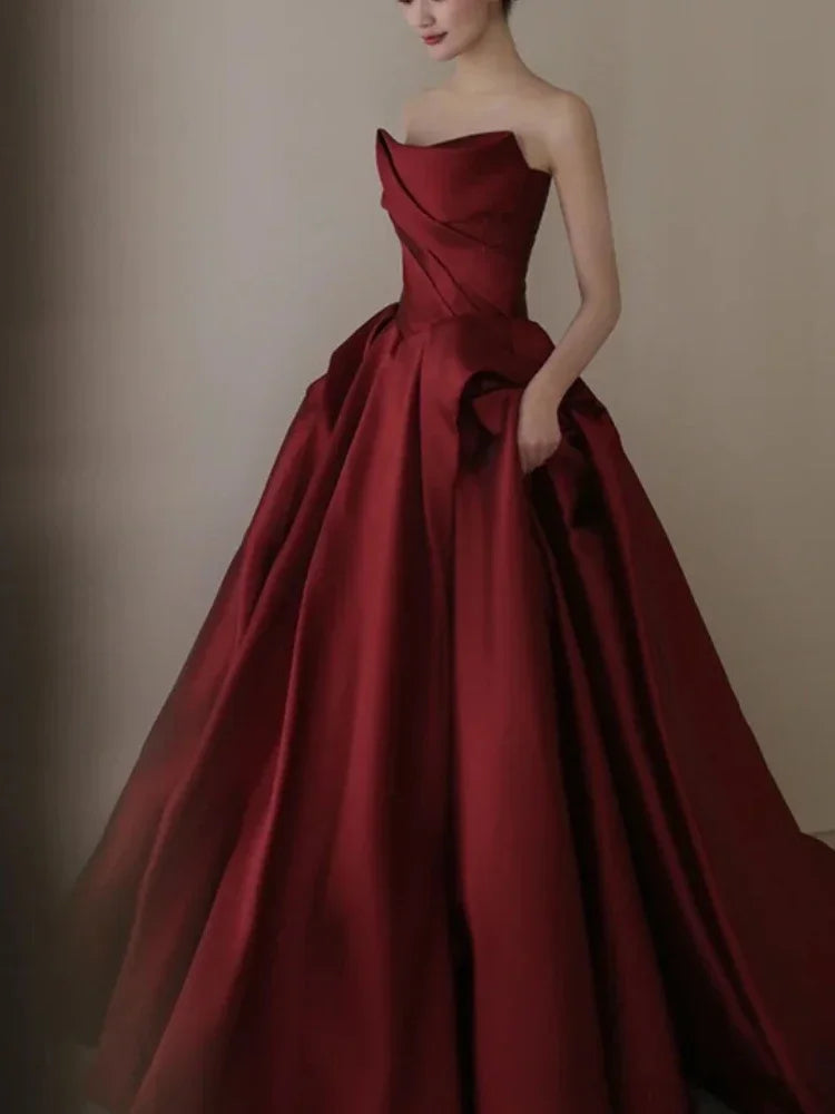 Luxury Strapless Satin Evening Dress - 130cm Length - Wedding Party - Elegant & Tempting