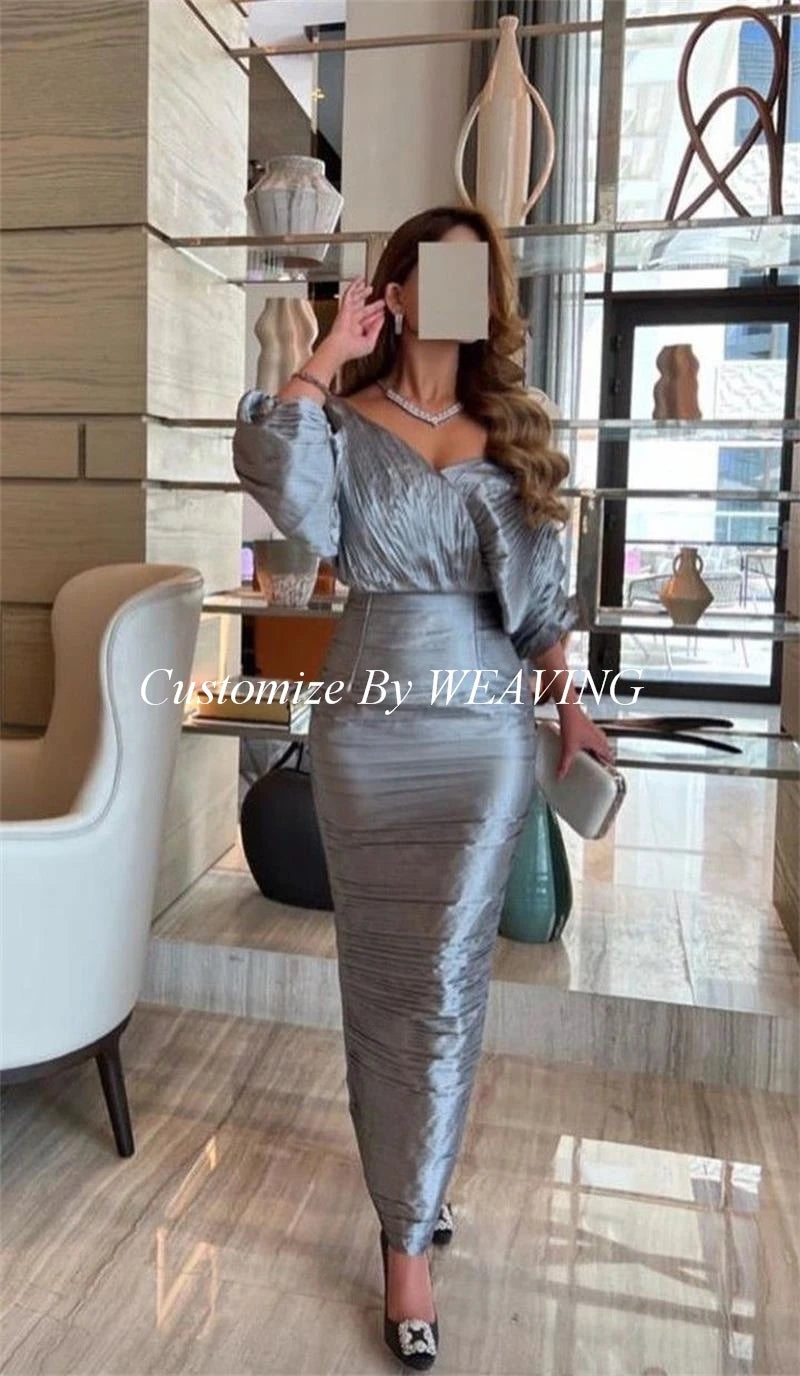 Elegant Silver Taffeta Prom Dress with Puff Sleeves and V Neck for Saudi Arabian Women