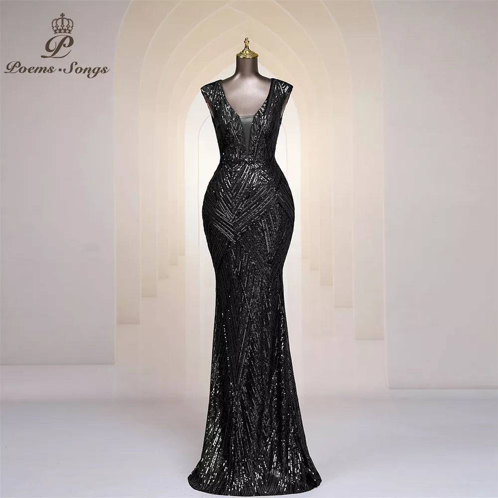 Mermaid Sexy back Sequins Evening Dresses Deep V_Neck Sleeveless For W