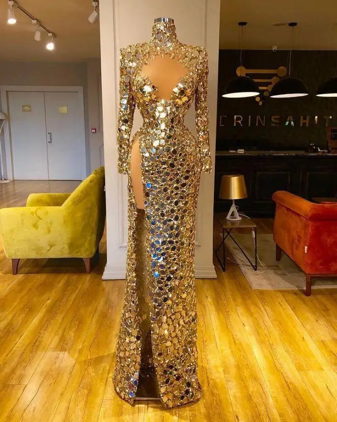 Gold Sequined Arabic Aso Ebi Prom Dress - High Split' "Stunning Gold Sequin Arabic Aso Ebi Prom Dress - High Split