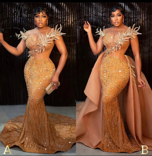 Luxury Gold Beaded Mermaid Evening Dress