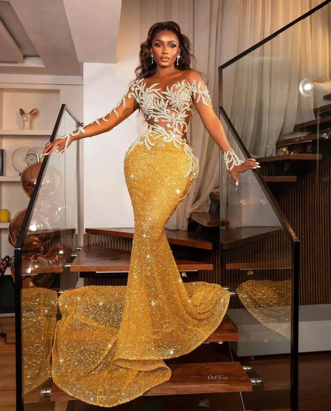 Glamorous Gold Mermaid Evening Dress with Sparkling Sequins and Lace A