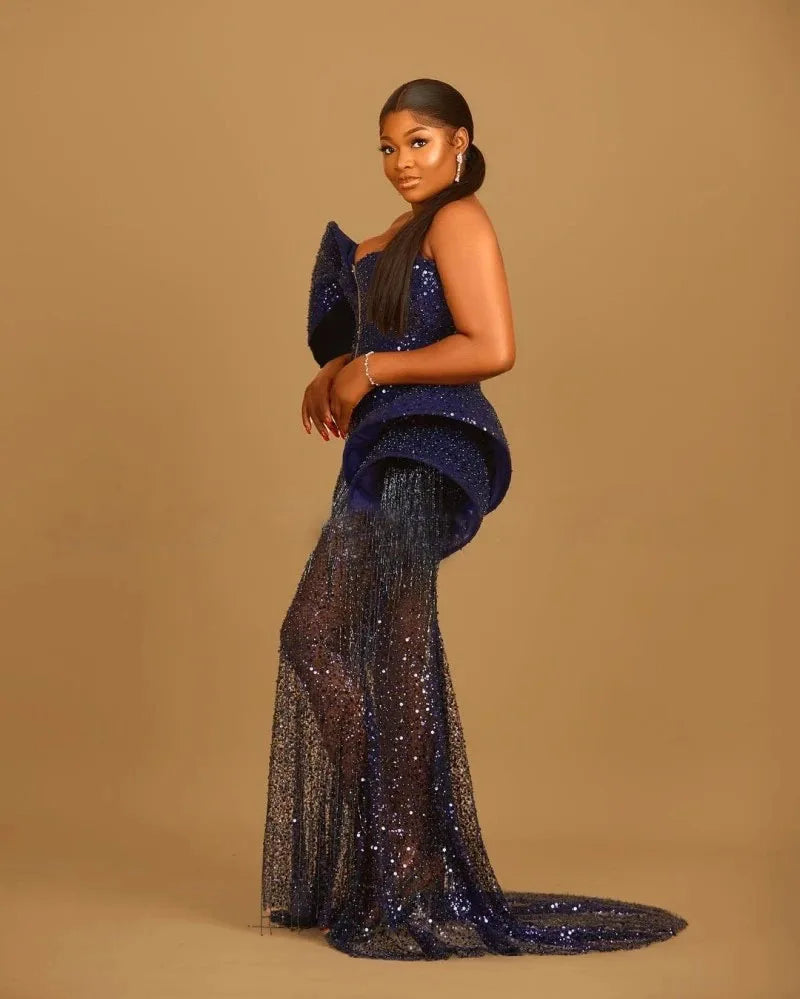 Sparkling Dark Blue Mermaid Prom Dress with Beading and Sequins - One Shoulder Tassel Gown for Weddings and Parties