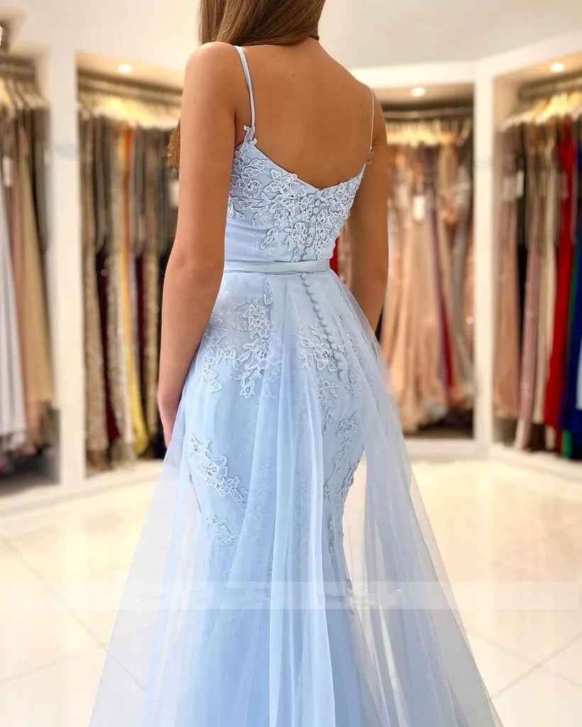 Customizable Light Blue Mermaid Prom Dress with Sweetheart Neckline, Lace Appliques, and Detachable Tulle Train - Fast Shipping!