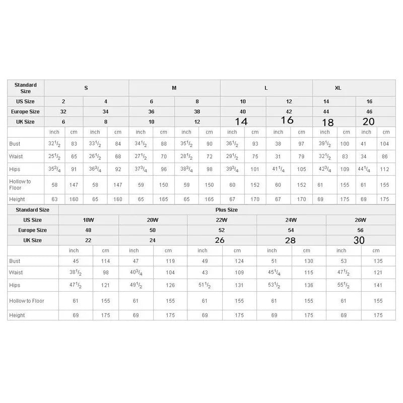 Size, Measurement table.