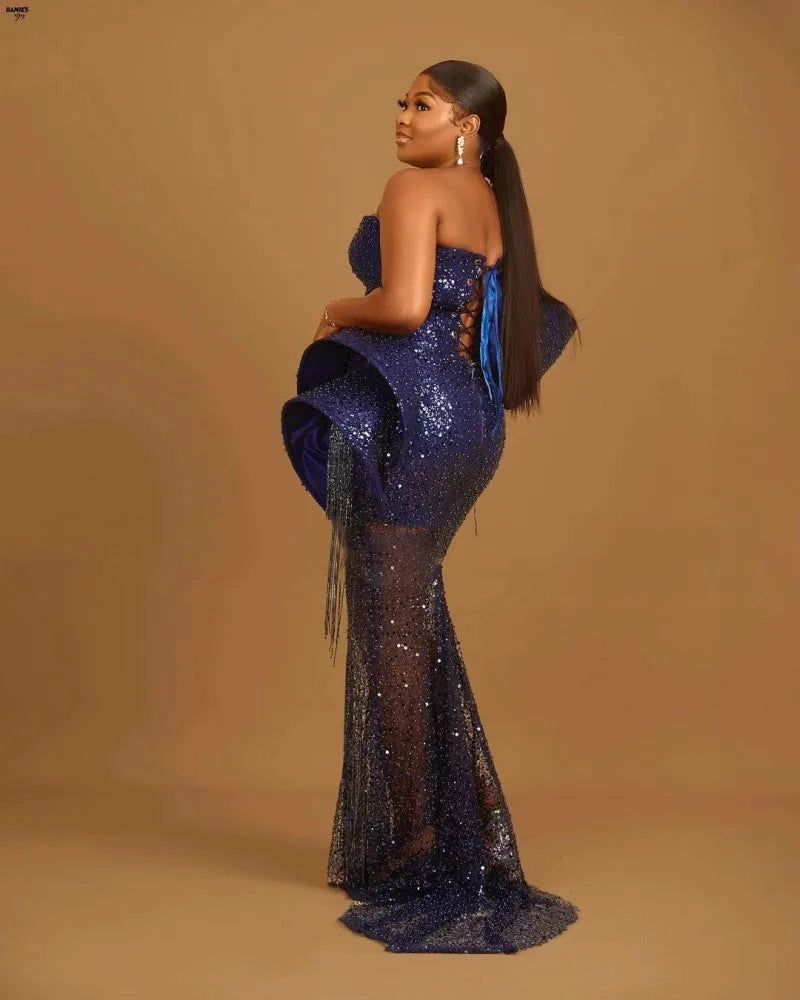 Sparkling Dark Blue Mermaid Prom Dress with Beading and Sequins - One Shoulder Tassel Gown for Weddings and Parties