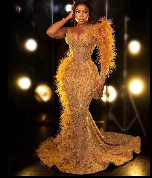 Aso Ebi Gold Luxury Feather Evening Dress