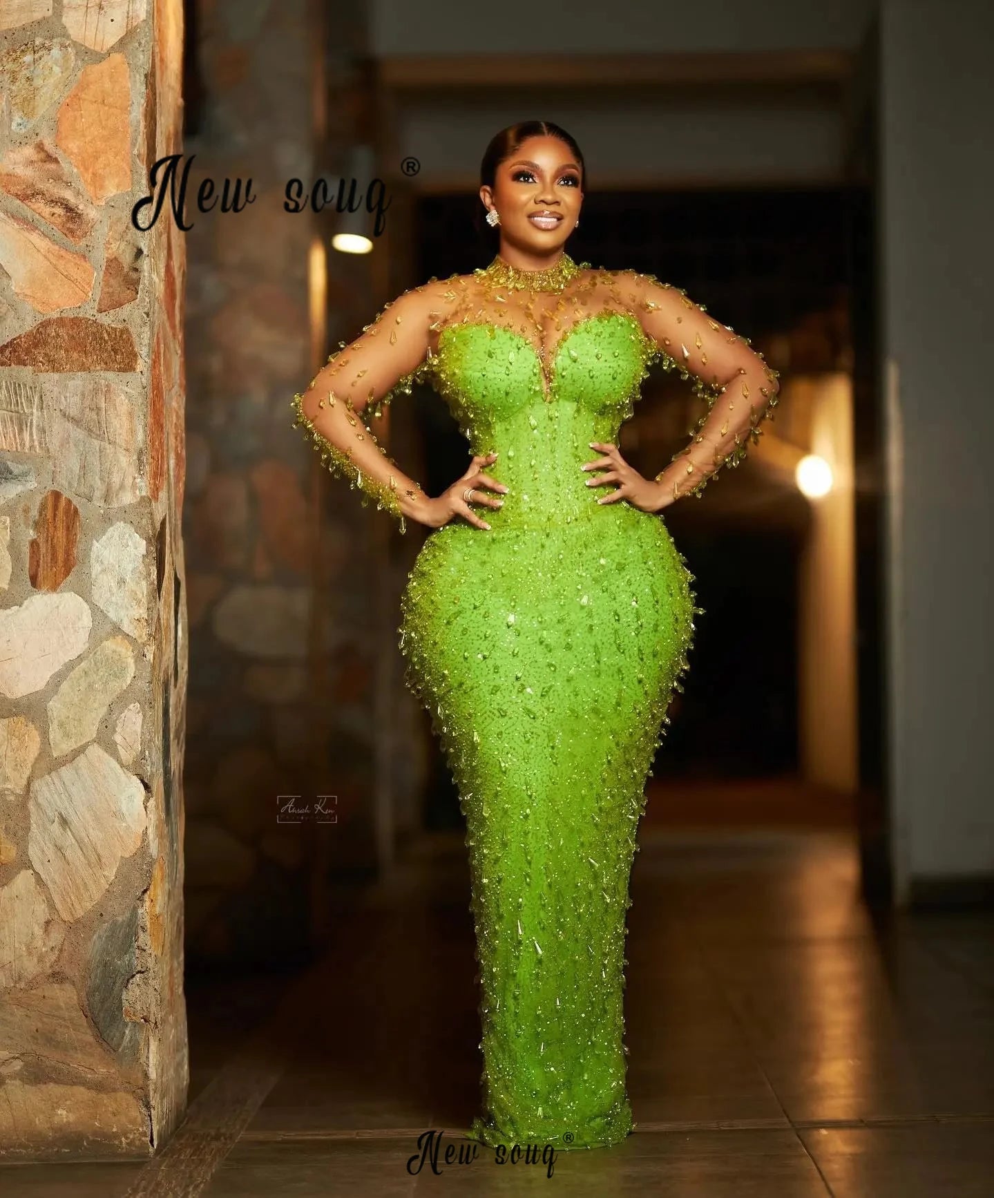 African Green Prom Dress with Crystals