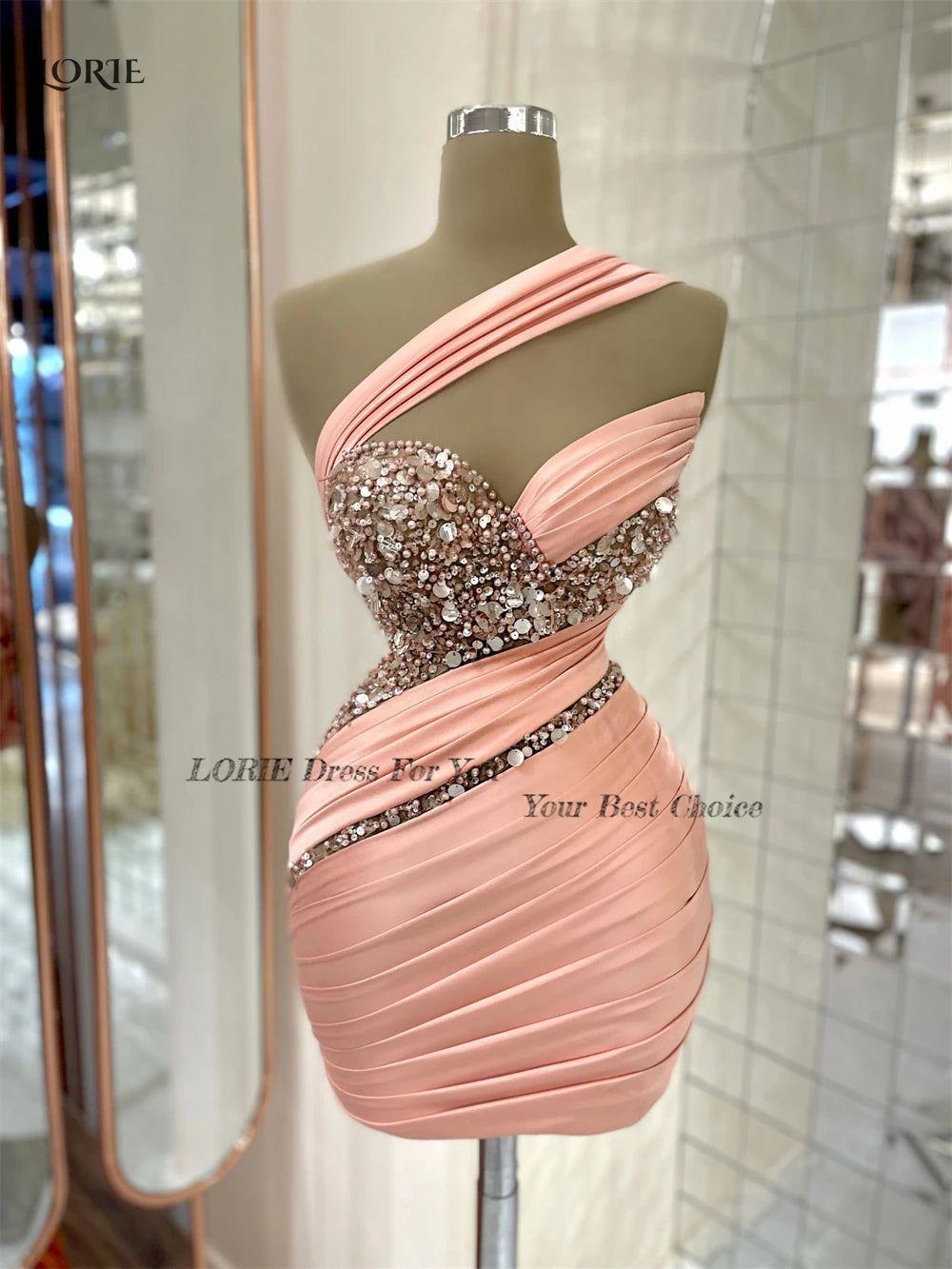 LORIE Pink Cocktail Gown | One Shoulder | Beaded | Pleated | Luxury | Sexy | Dubai | Women's Prom Dress