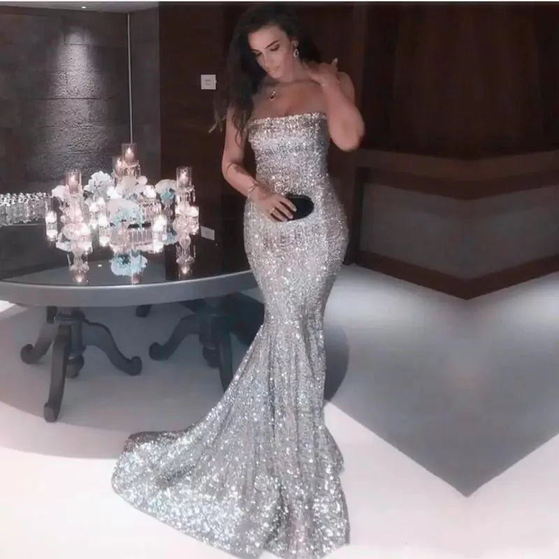 Glitter Gold Silver Mermaid Prom Dress - Celebrity Event Gown