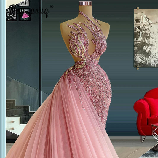 Pink Mermaid Prom Dress with Detachable Train