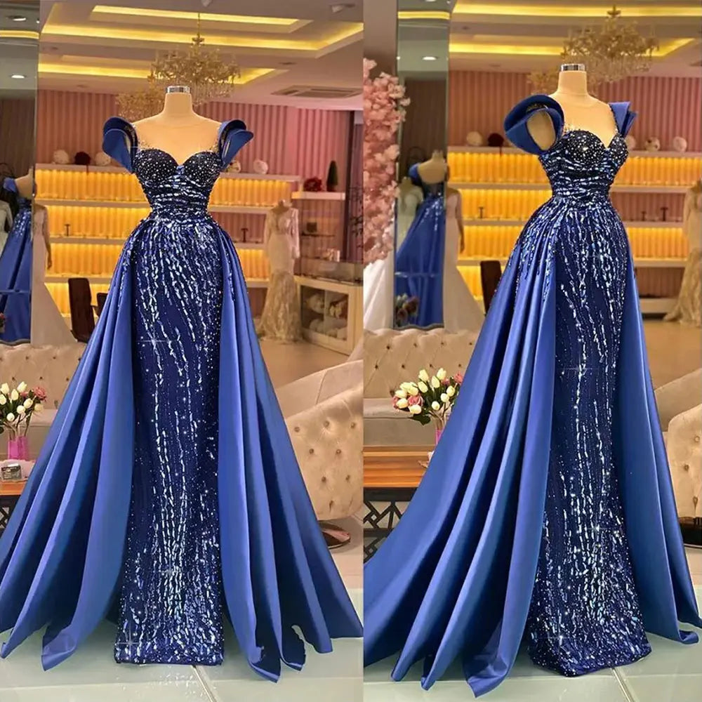 Blue Mermaid Prom Dress with Detachable Train - Elegant Formal Gown for Women