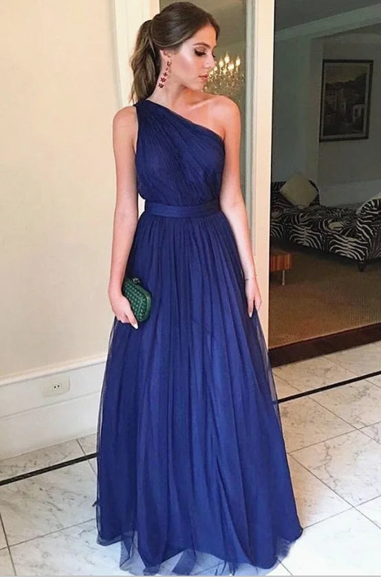 Custom-Made Blue Tulle Prom Dress - Sexy, Floor-Length, One-Shoulder, 