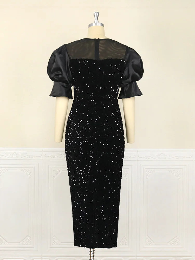 Elegant Sequin Black Dress with Velvet Embroidery and Puff Sleeves for Spring Parties and Special Occasions