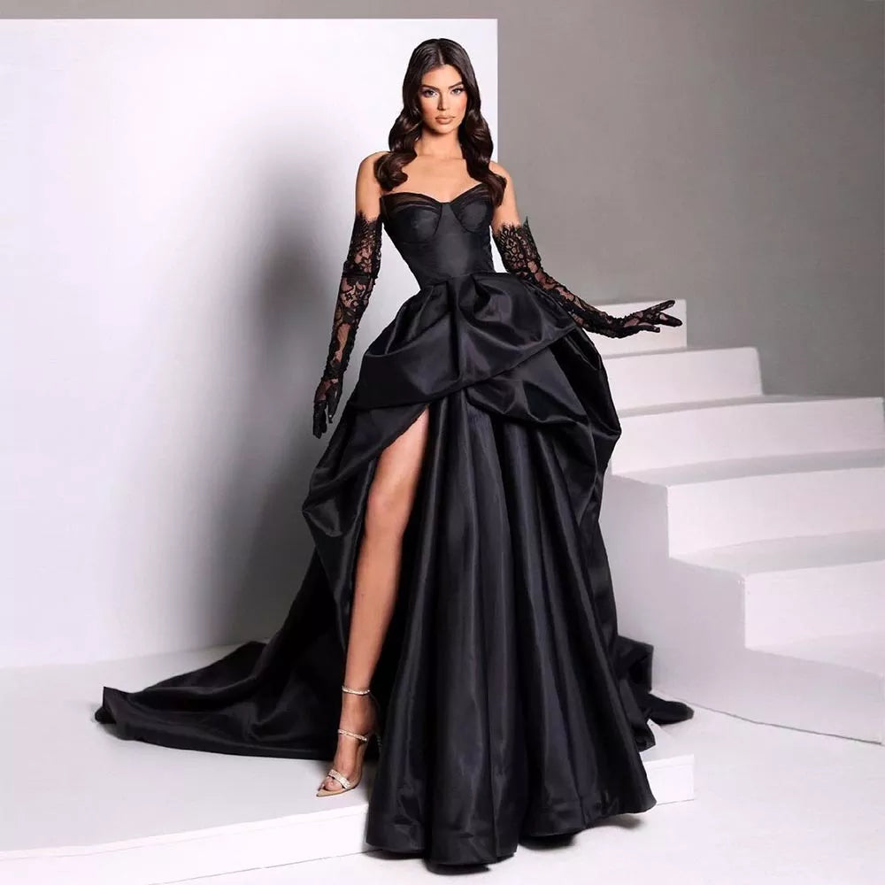 Xijun Black High Side Split Satin Mermaid Prom Dresses V-Neck Sleevele