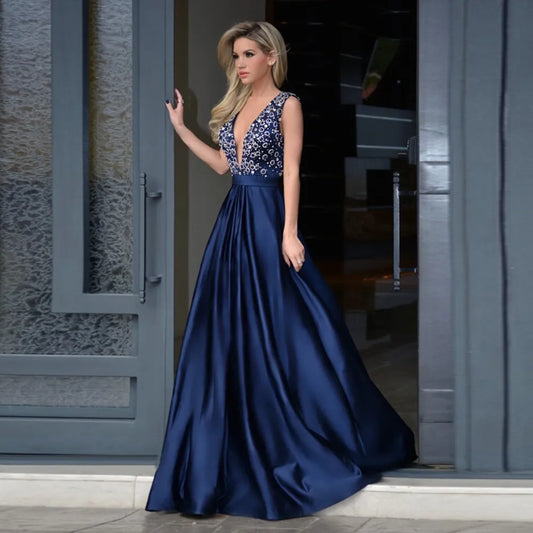 Blue Sequin Crystal Beads Formal Evening Prom Dresses Stain Elegant Floor Length Graduation Party Gowns Sleeveless 2023 Backless