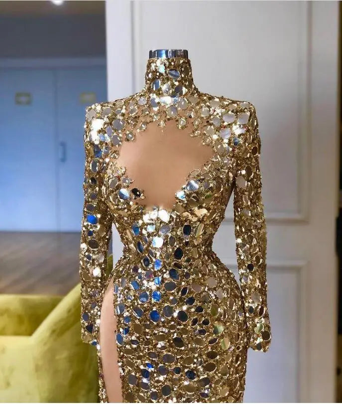 Gold Sequined Arabic Aso Ebi Prom Dress - High Split' "Stunning Gold Sequin Arabic Aso Ebi Prom Dress - High Split