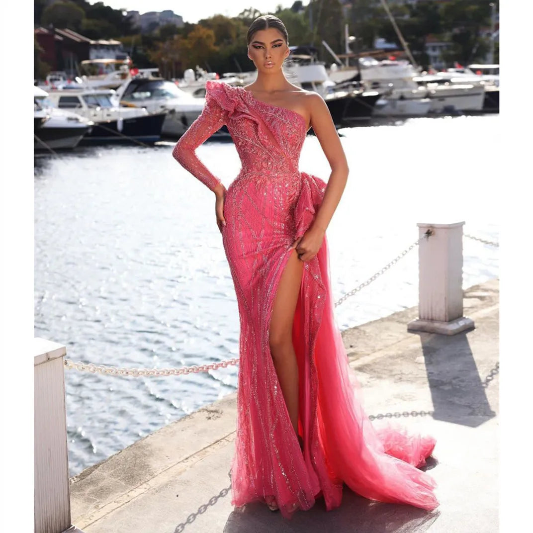 Custom Pink Sparkly Evening Dress - Bateau Neck, Long Sleeve, Side Slit, Beaded, Lace Appliques - Celebrity Prom