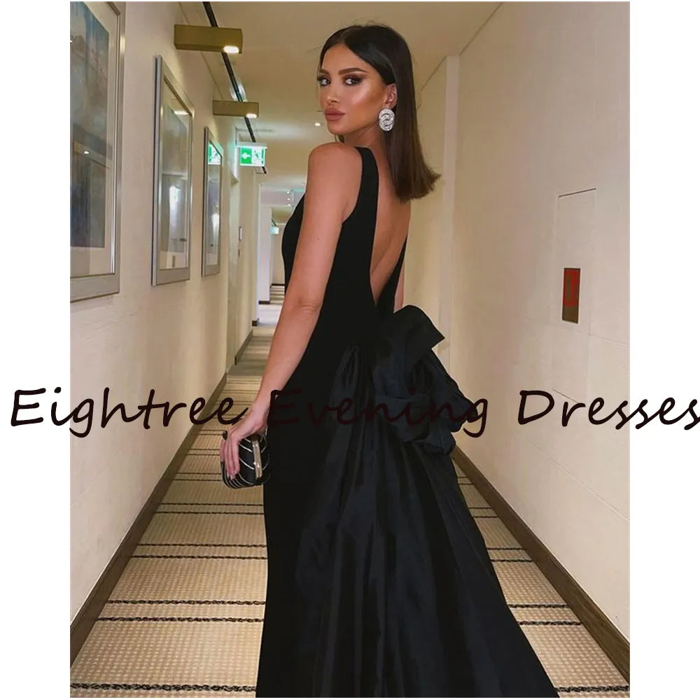 Eightree O Neck Black Backless Bow Prom Dress A Line Sleeveless Long T