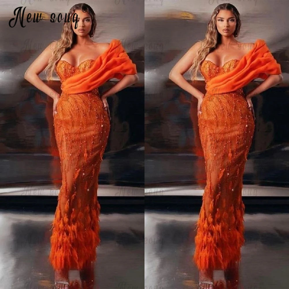 Orange Party Dress with Feathers