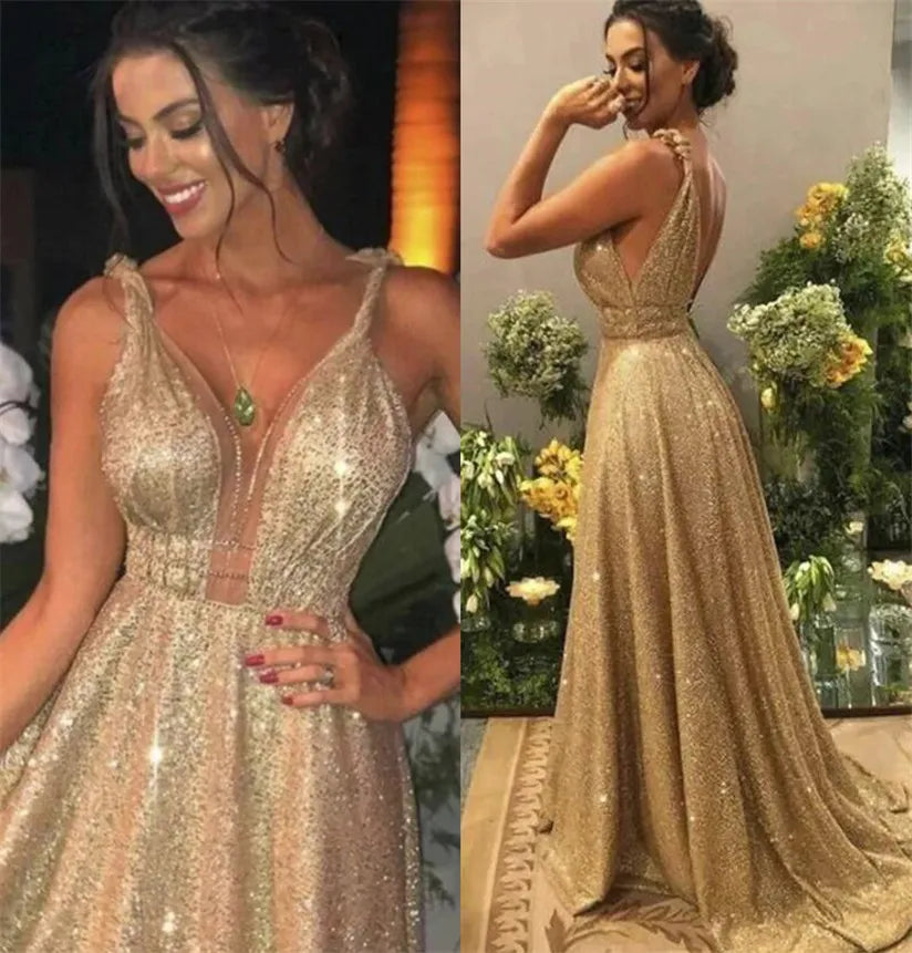 Be the Belle of the Ball in our Luxurious Gold Sequin Prom Dress