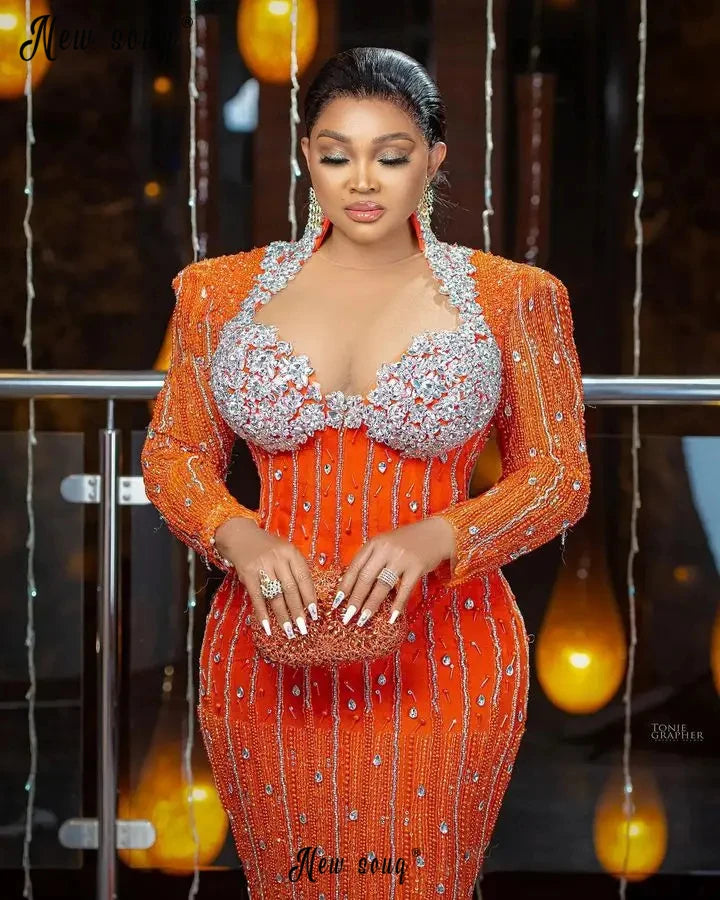 Sparkly Orange Muslim Evening Dress - Elegant Plus Size Gown