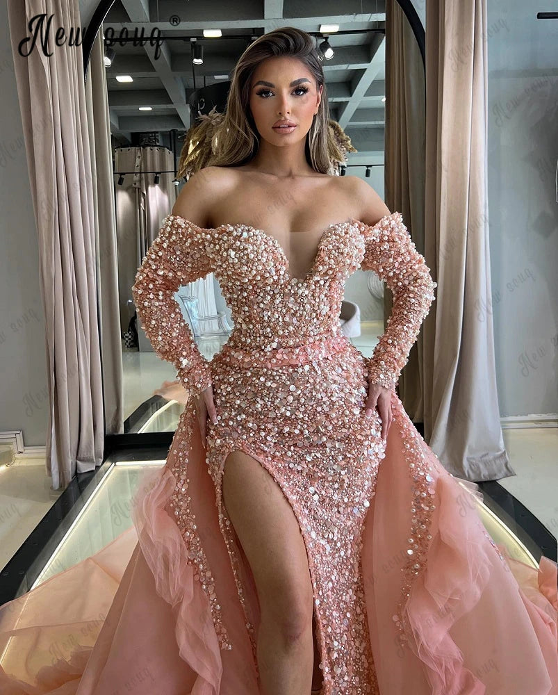 Sparkly Pink Off Shoulder Prom Dress