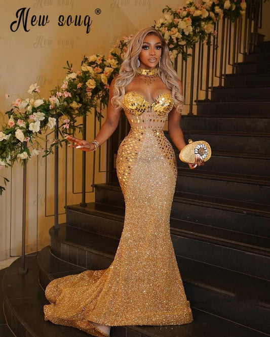 Gold Mermaid Evening Dress with Rhinestones