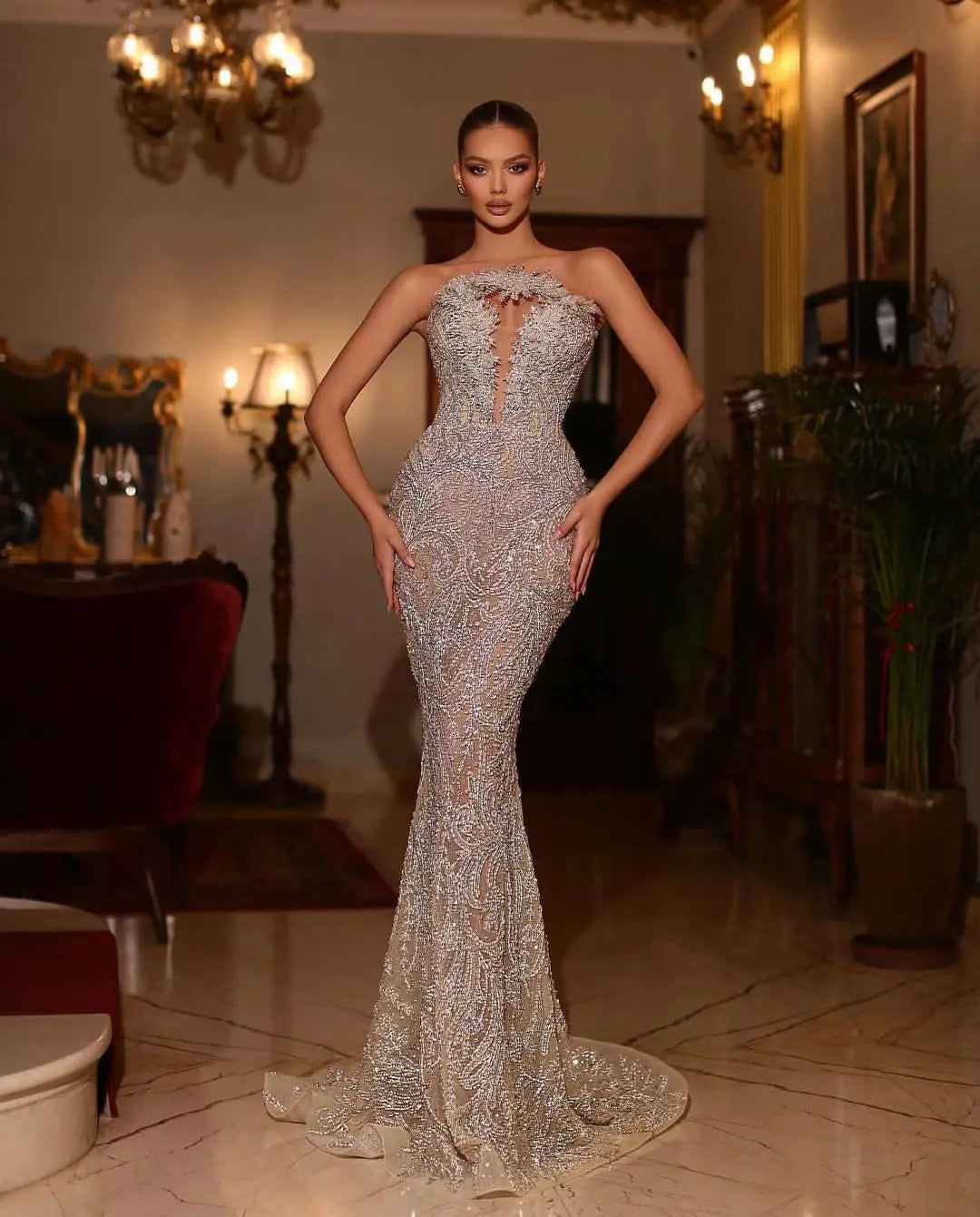 Glamorous Custom-Made Evening Gown with Sparkling Sequins and 3D Lace 