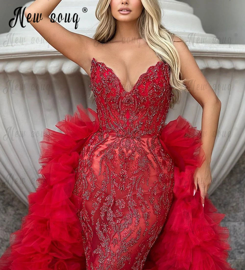 Red Ruffle Tiered Evening Dress with Dubai Beading