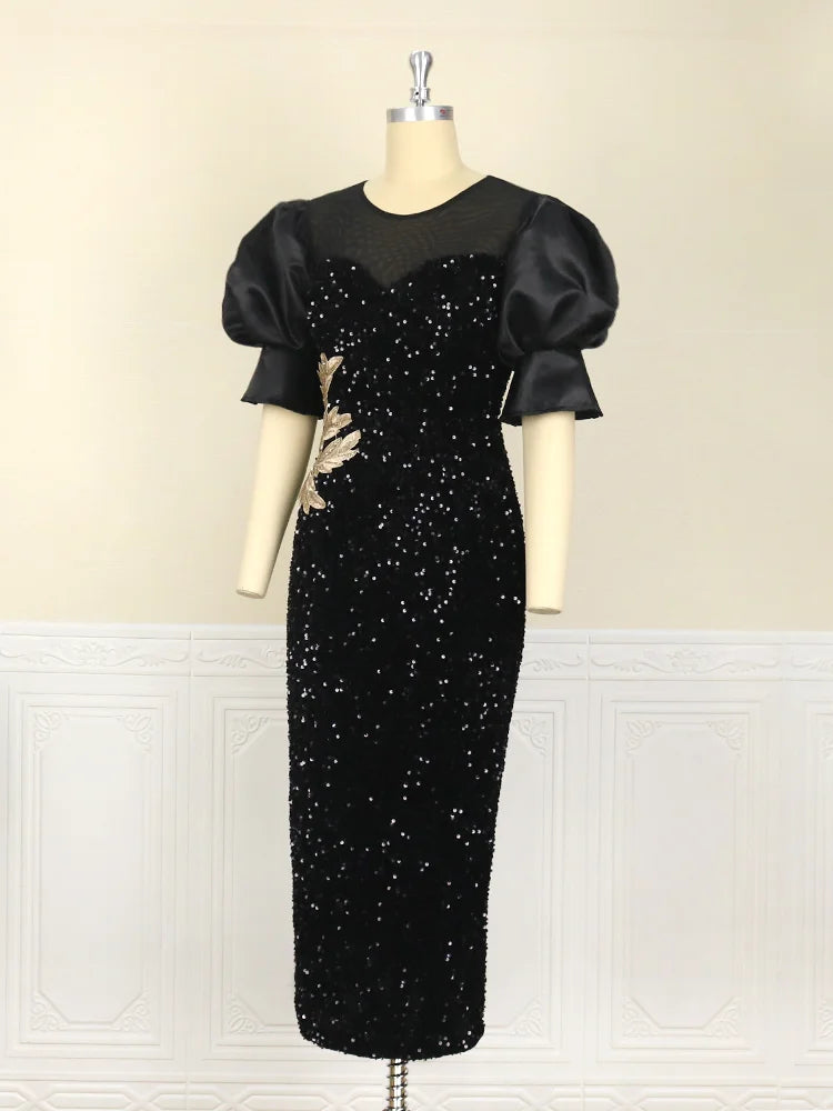 Elegant Sequin Black Dress with Velvet Embroidery and Puff Sleeves for Spring Parties and Special Occasions