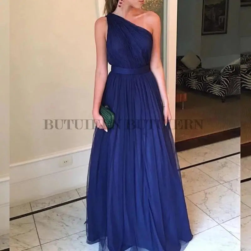 Custom-Made Blue Tulle Prom Dress - Sexy, Floor-Length, One-Shoulder, 