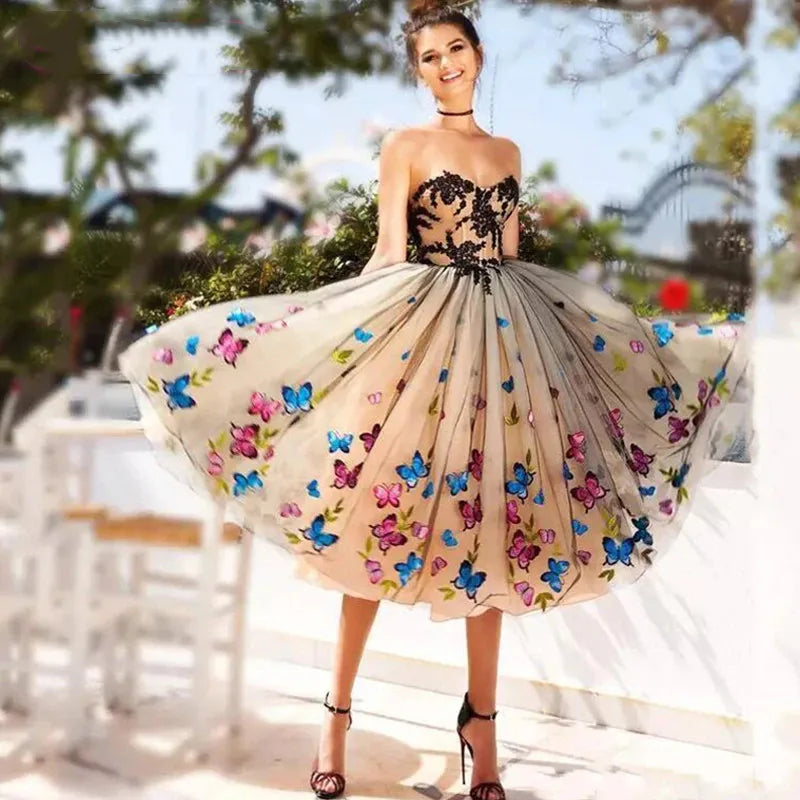 Champagne & Black Tulle Short Prom Dress - Butterflies, Applique, Tea Length