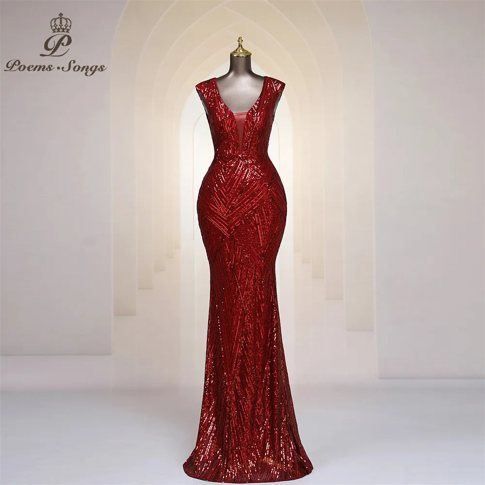 Mermaid Sexy back Sequins Evening Dresses Deep V_Neck Sleeveless For W