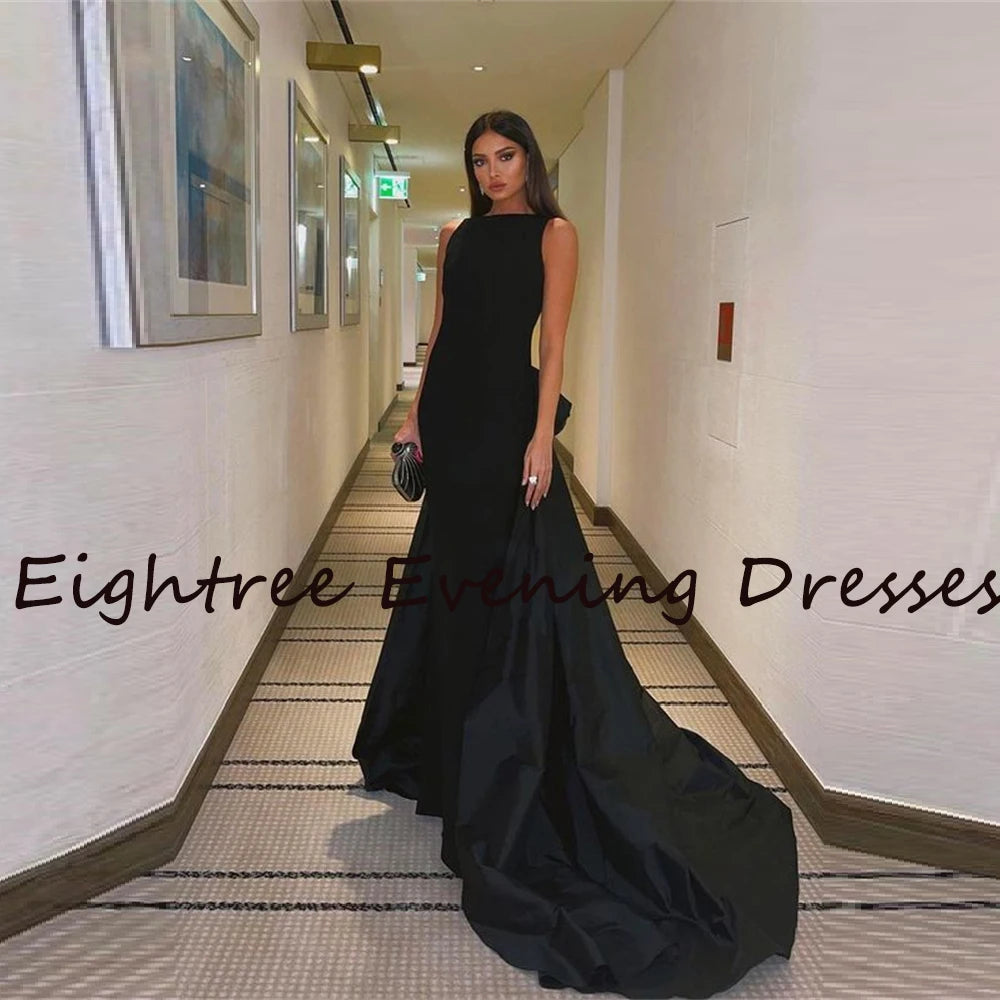 Eightree O Neck Black Backless Bow Prom Dress A Line Sleeveless Long T