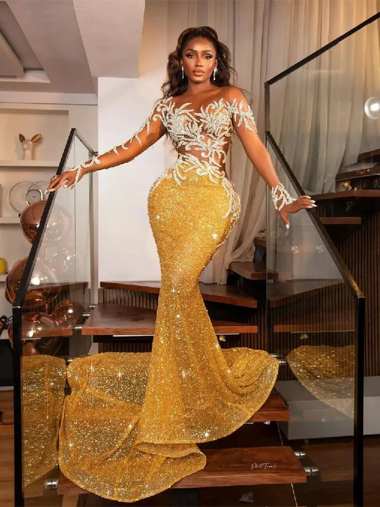 Glamorous Gold Mermaid Evening Dress with Sparkling Sequins and Lace A