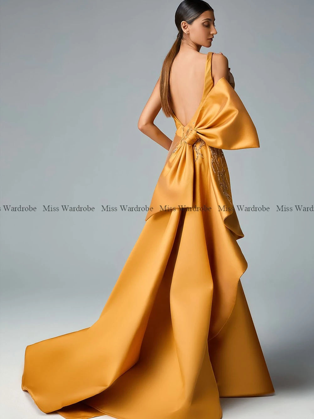 Stunning Golden Satin Prom Dress with Square Collar and Backless Design, Perfect for Weddings and Evening Parties