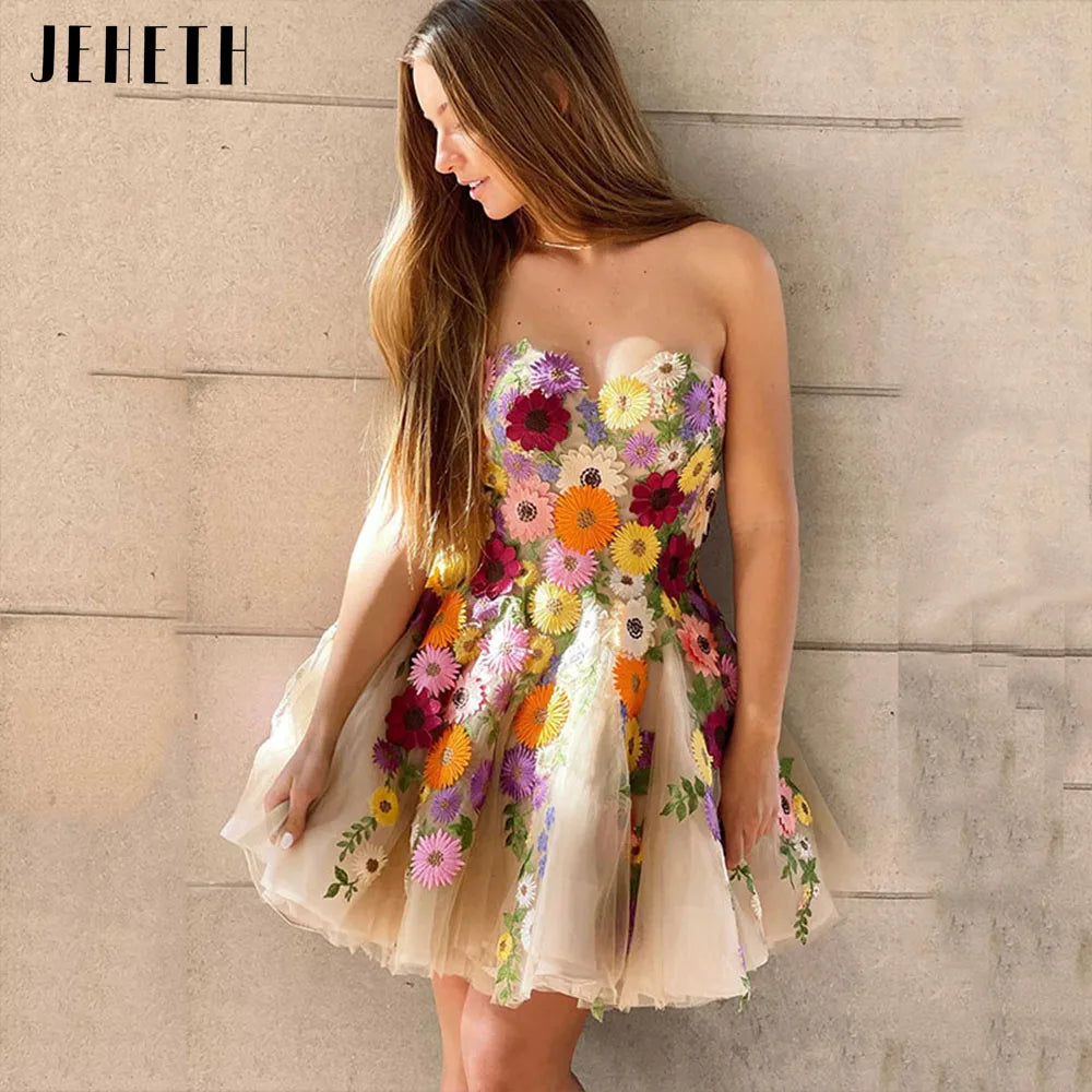 JEHETH Champagne Strapless Tulle Mini Prom Dress