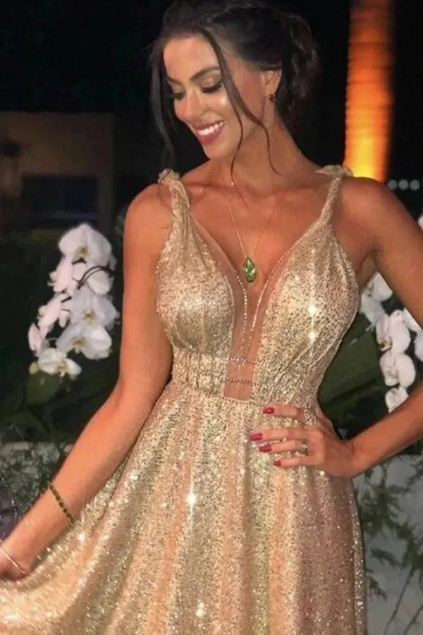 Be the Belle of the Ball in our Luxurious Gold Sequin Prom Dress